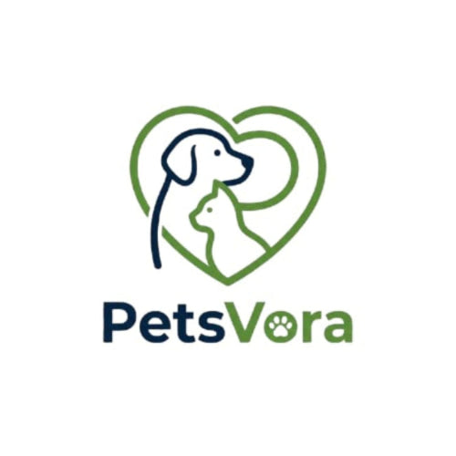 PetsVora logo featuring a green heart outline enclosing the outlines of a dog and a cat, with the text 'PetsVora' below in dark blue and green on a white background.